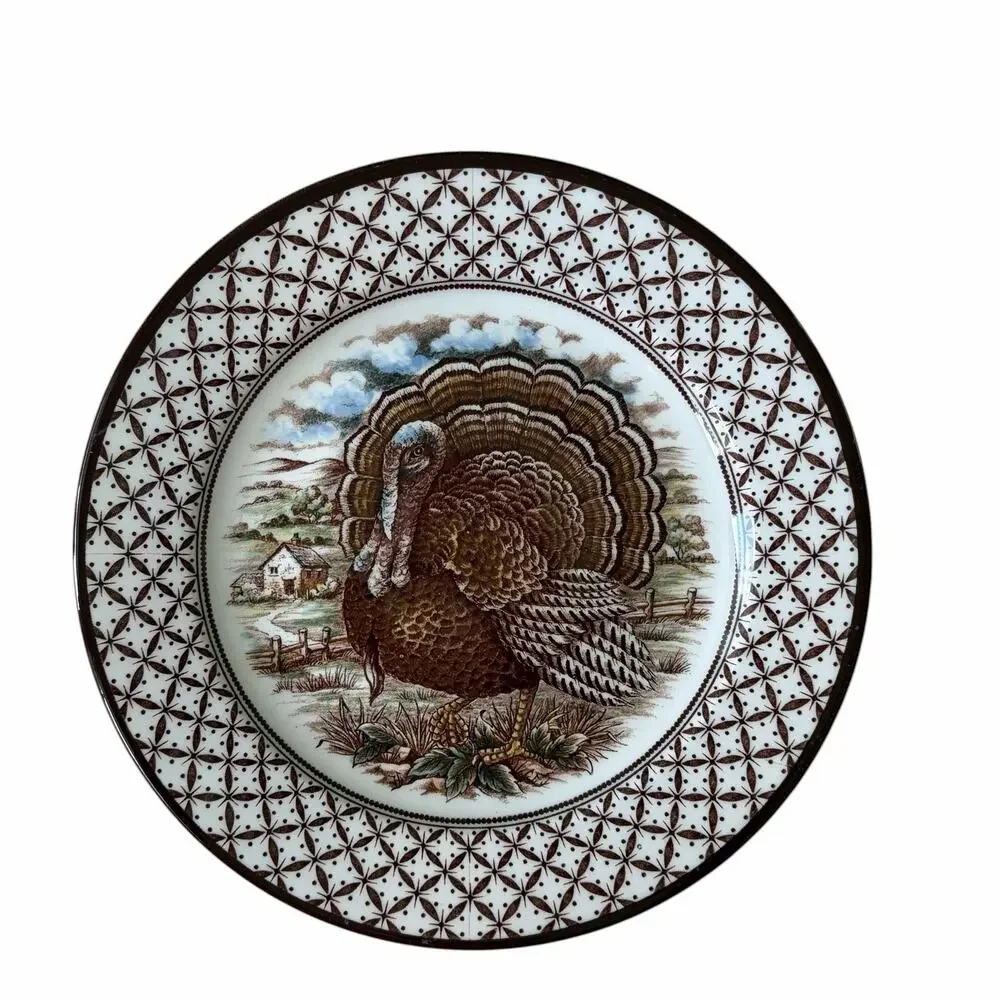 4 Royal Stafford Thanksgiving TURKEY Porcelain Salad Plates 8in England NEW